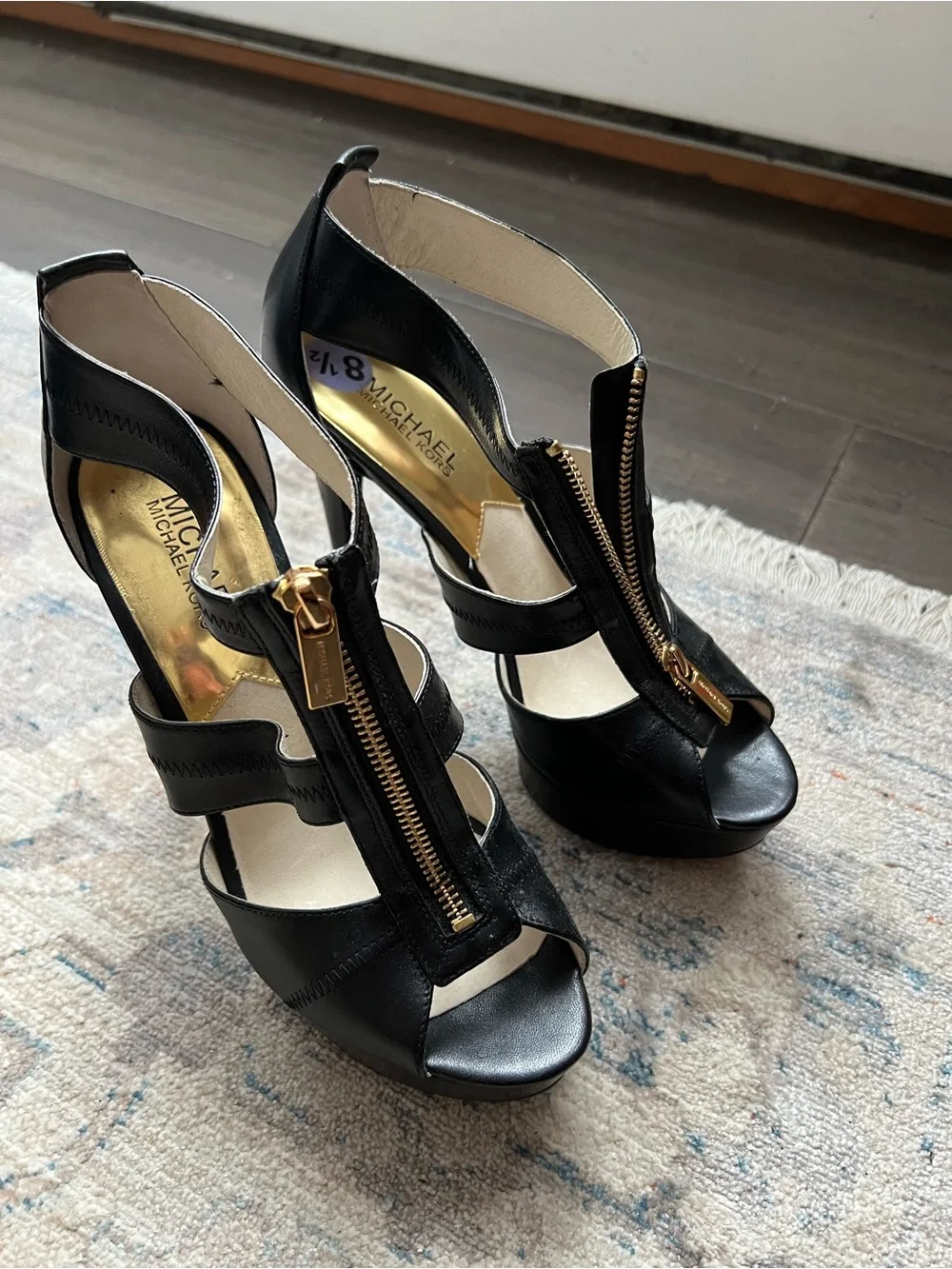 Michael Kors Black Platform Stiletto Sandals with Gold Zipper - NWT